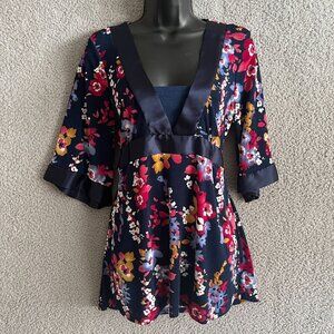 Jaclyn Smith Y2K Floral Babydoll Tunic Top Medium Navy